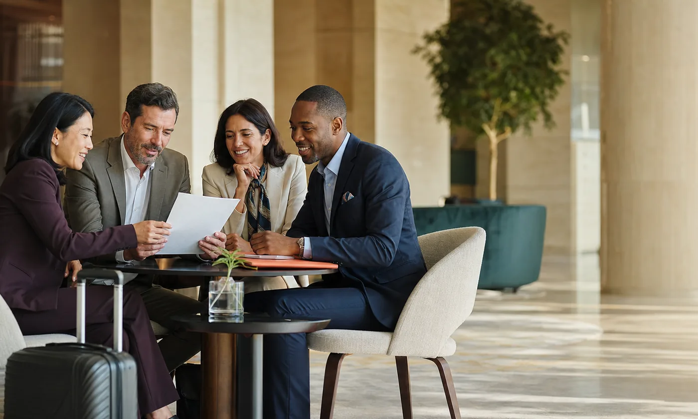 A business delegation reviewing a travel itinerary in a hotel lobby