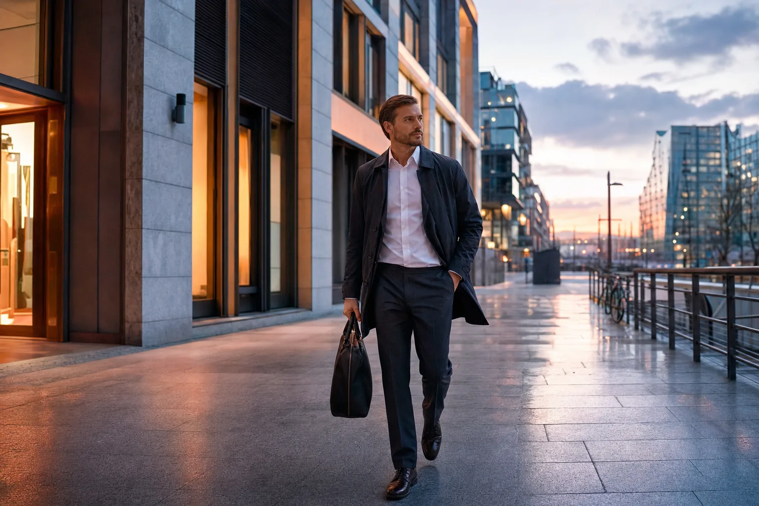A business traveller walking through a refined contemporary city district