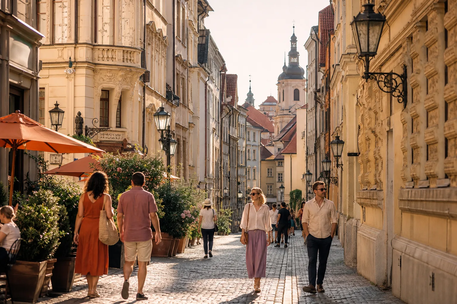 A sunlit European old-town street with cafés and historic architecture