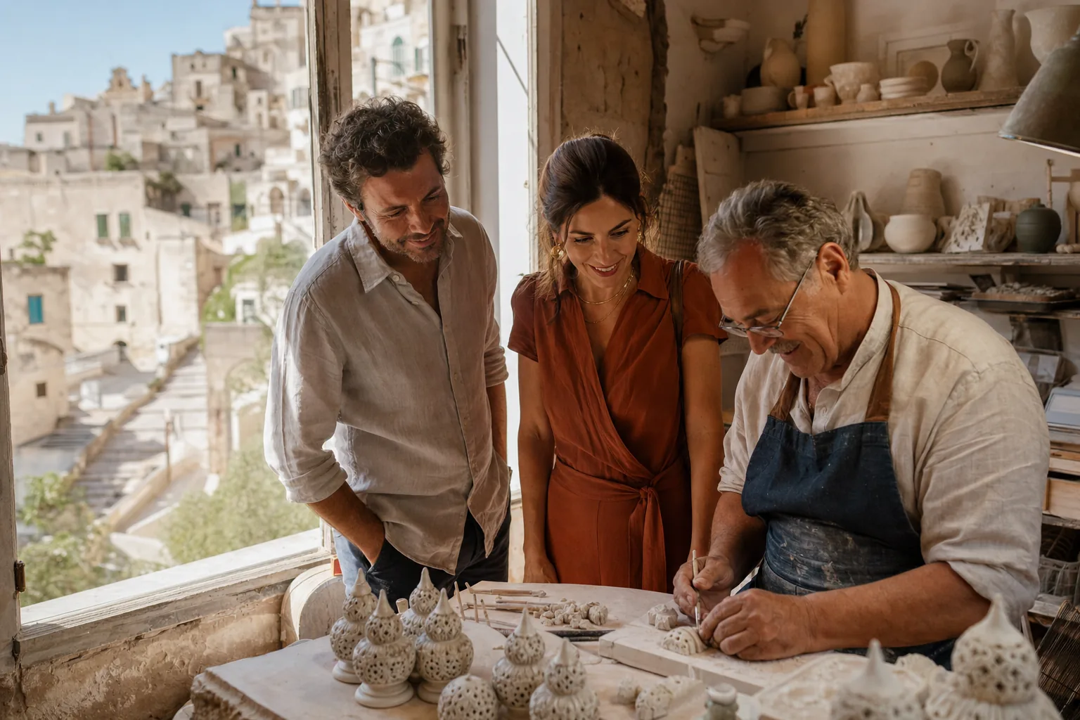 Visitors discovering traditional craft and architecture in a historic quarter