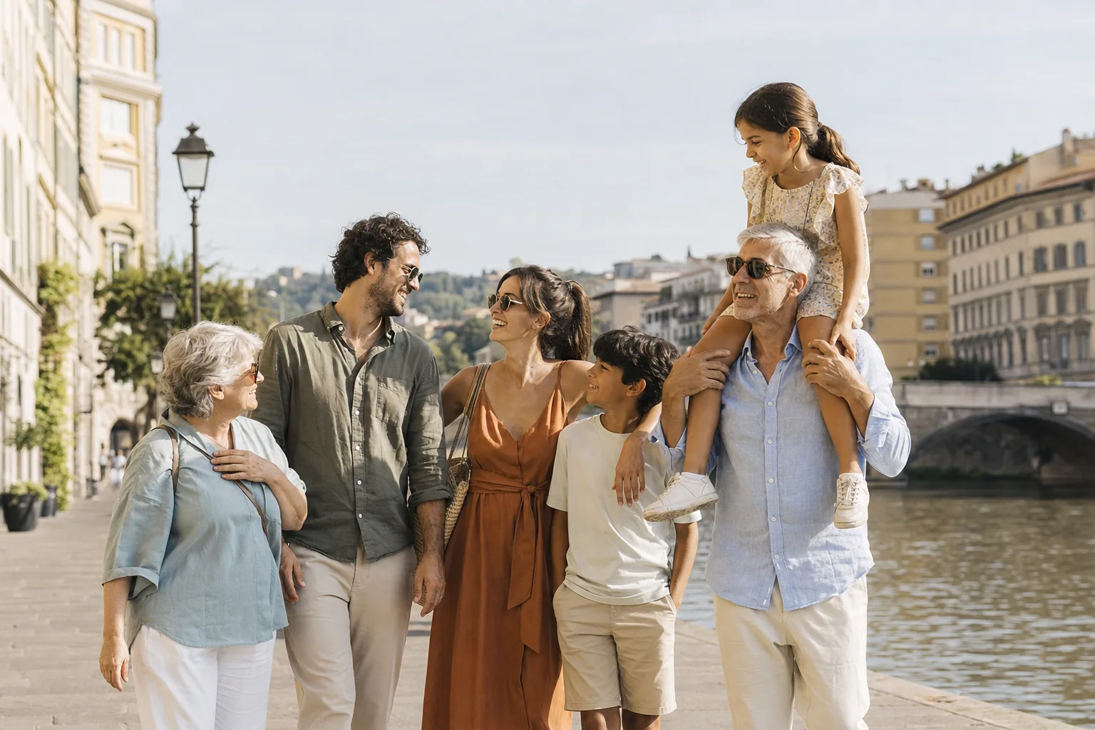 A family exploring a welcoming riverside city together