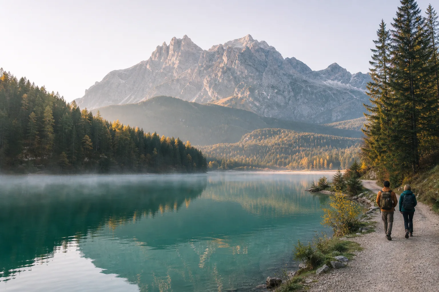A quiet alpine lake surrounded by forest and mountains in soft morning light