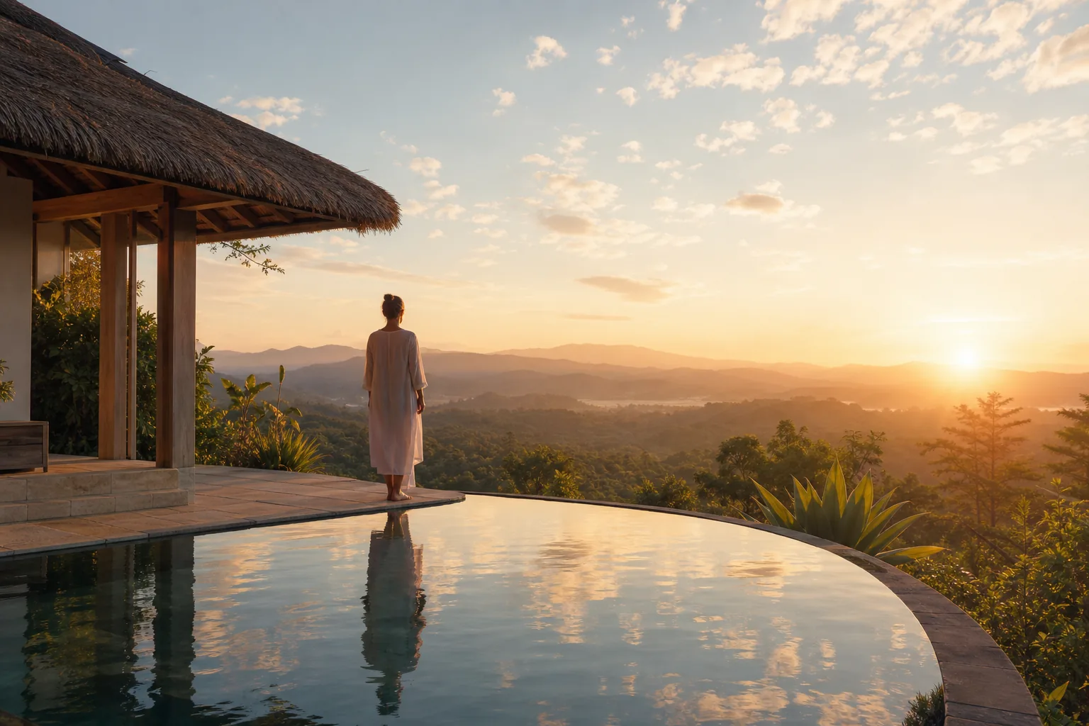 A peaceful wellness retreat overlooking a natural landscape at sunrise