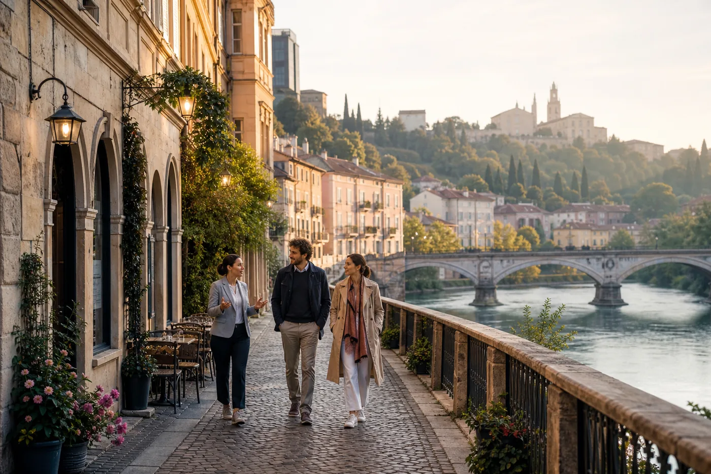 Travellers walking with a guide in a European riverside city