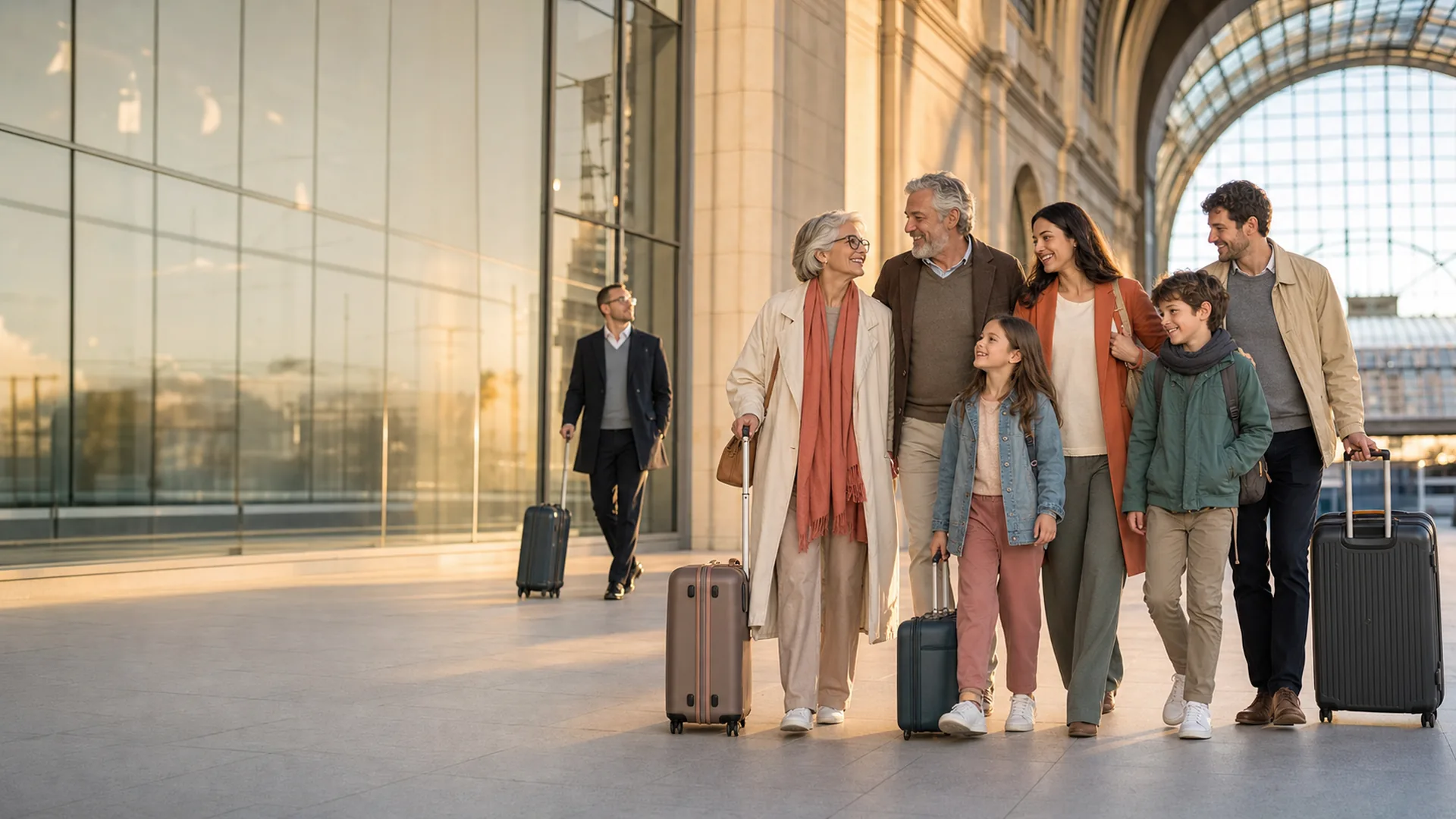 A multigenerational family and a business traveller beginning an international journey