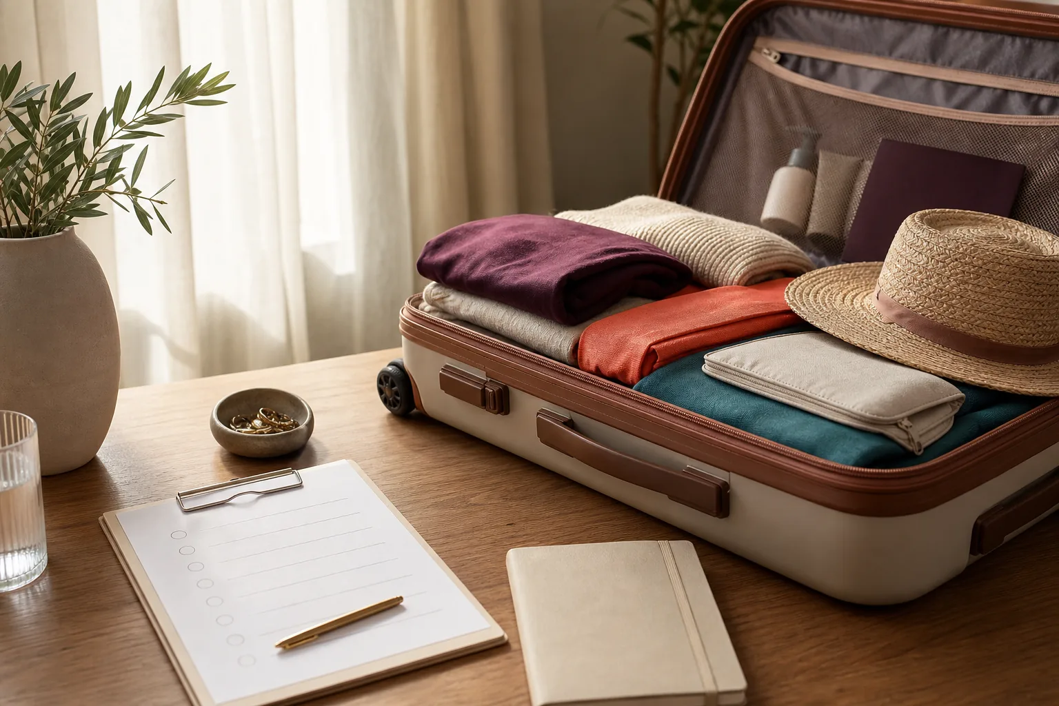 A neatly organized travel checklist beside a suitcase