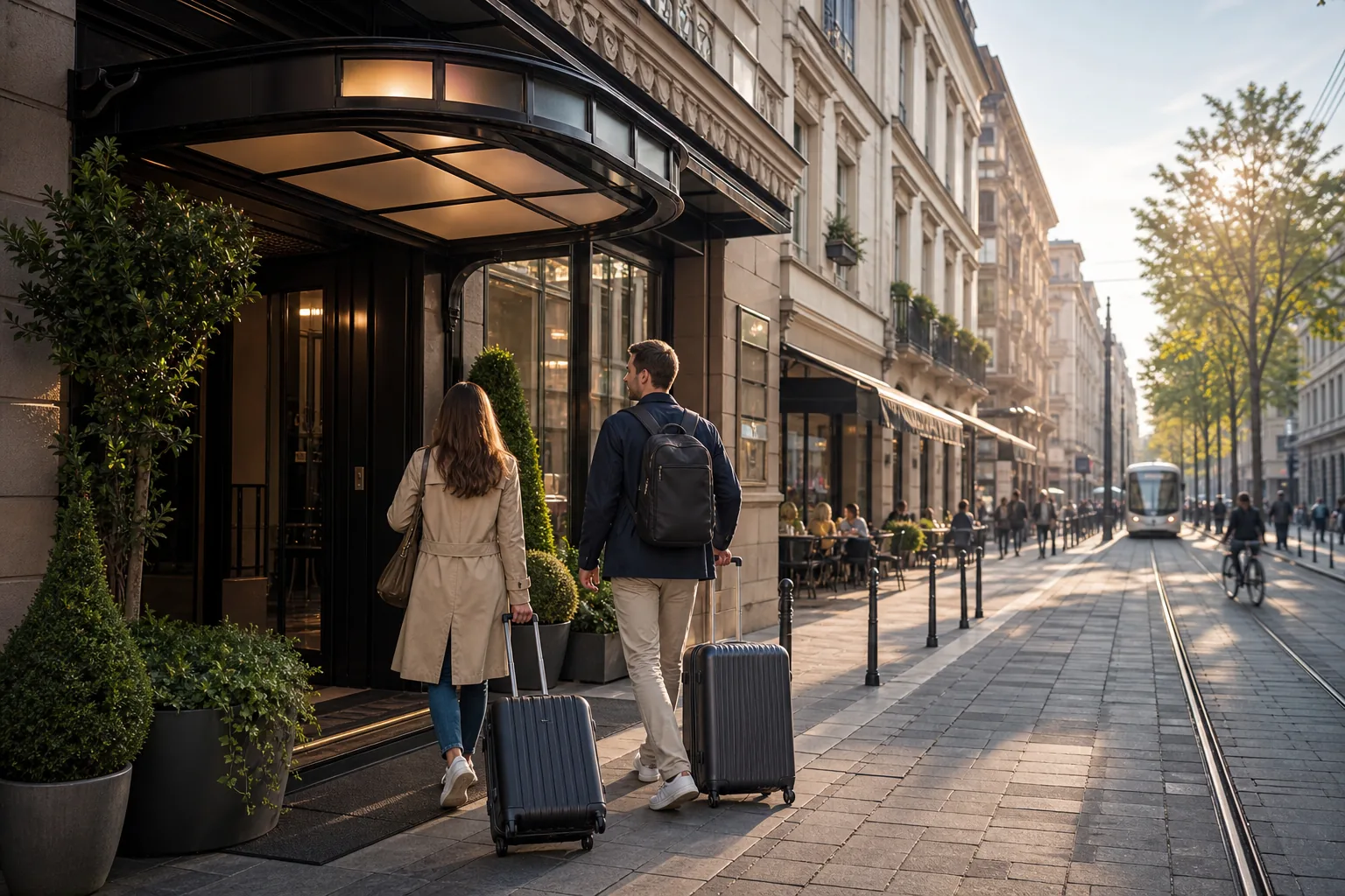 A European hotel entrance in a walkable city neighbourhood