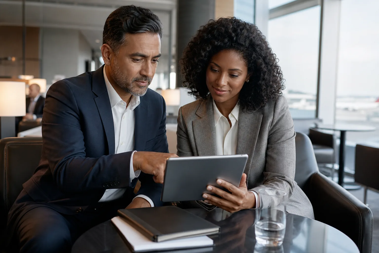 Business travellers reviewing a coordinated schedule