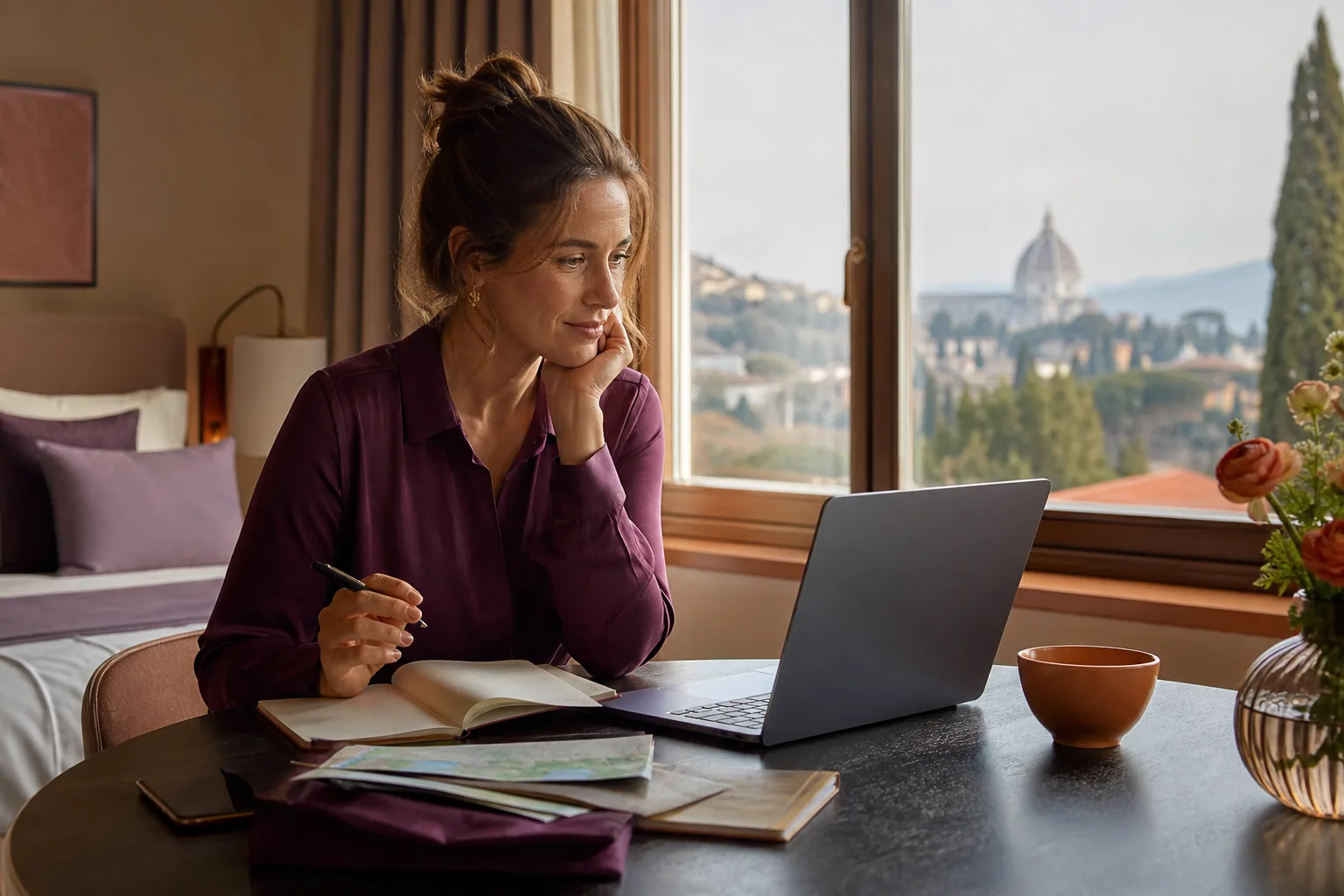 A traveller comparing flexible journey options at a quiet table