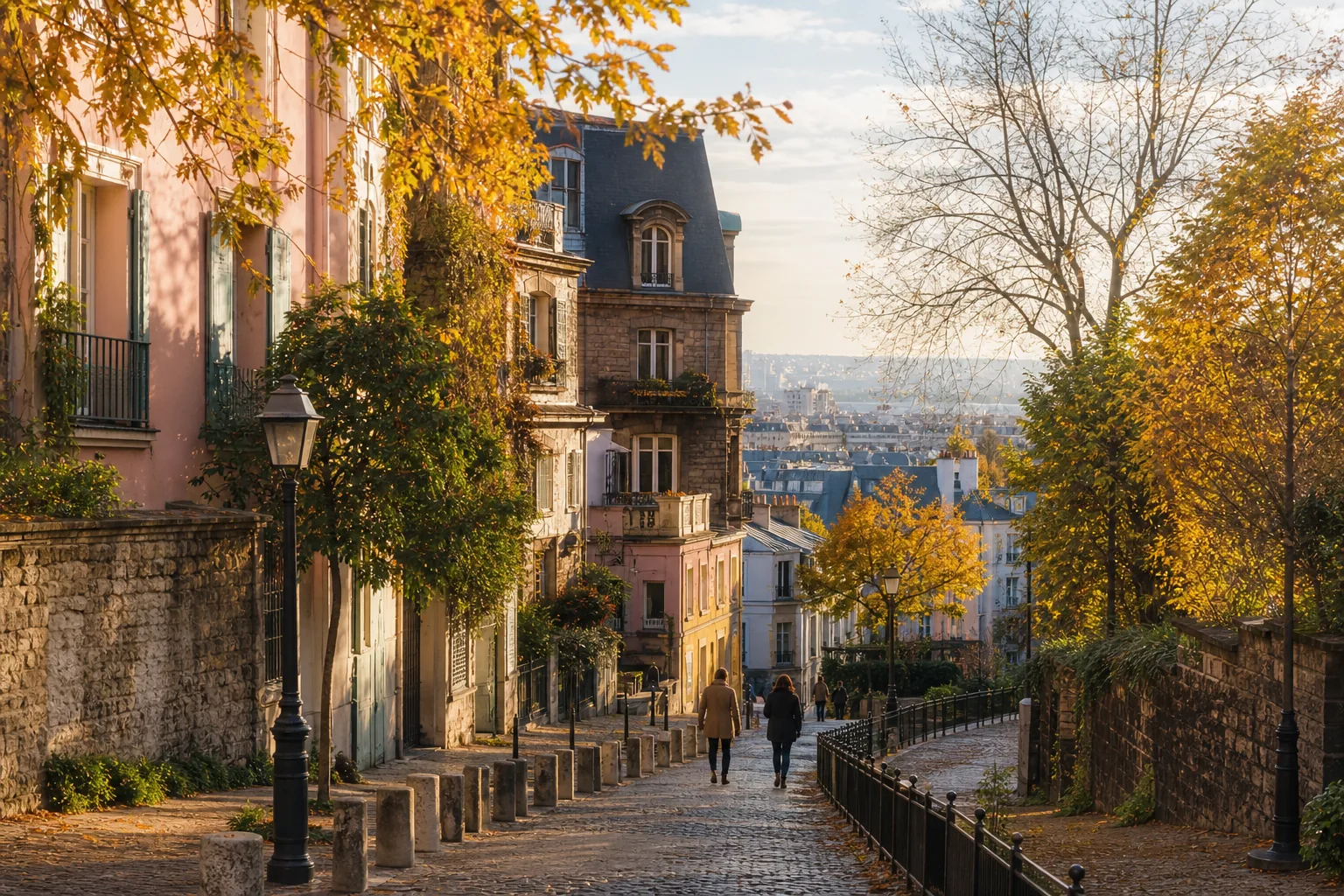 A European streetscape in warm seasonal light