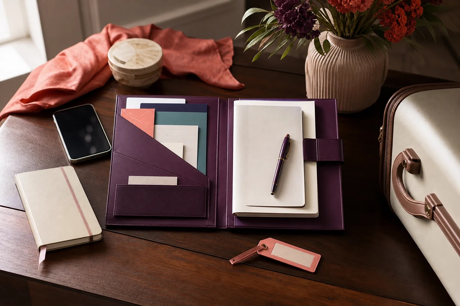 Travel documents organized securely on a desk