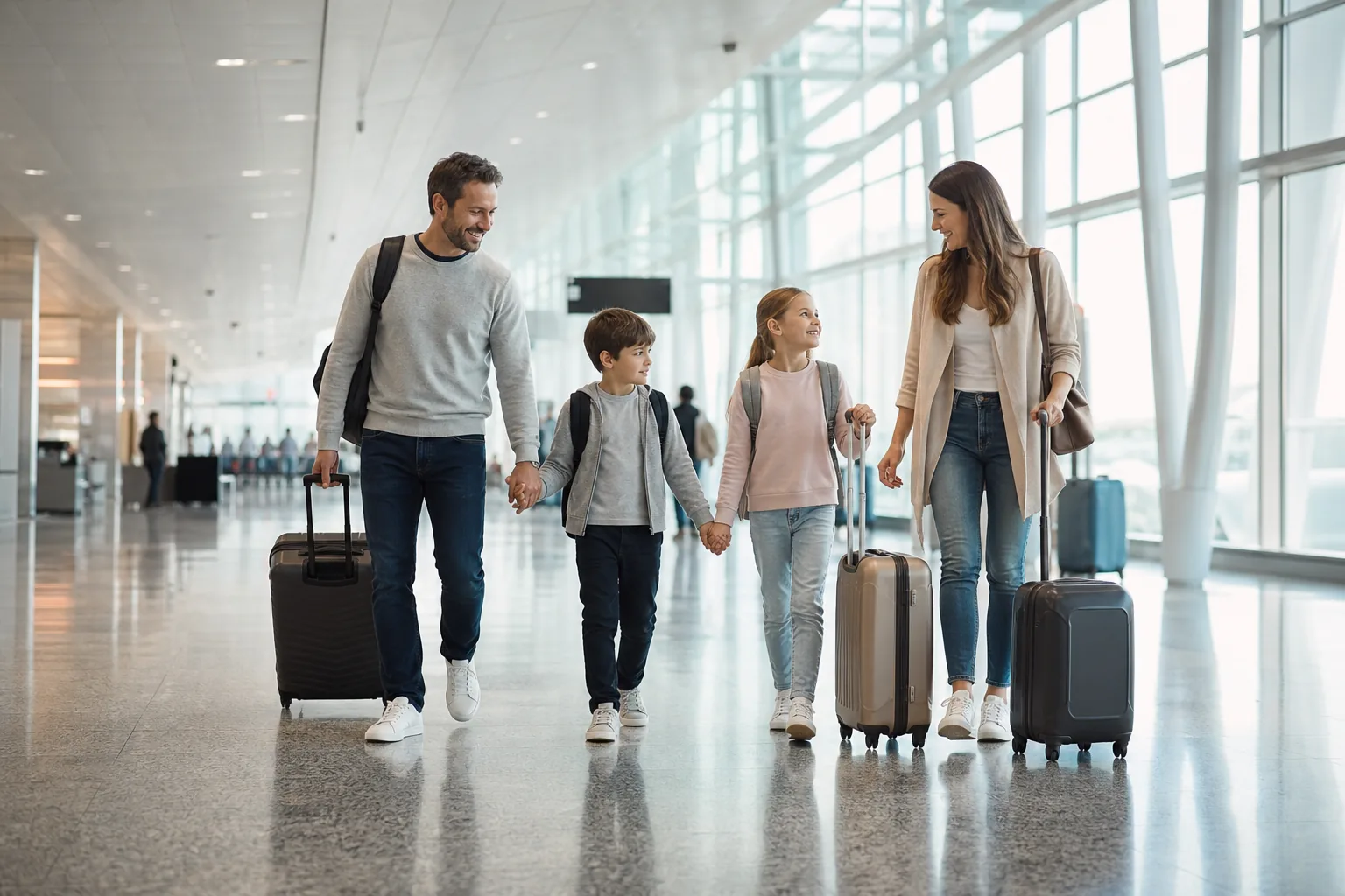 A family moving calmly through a modern airport