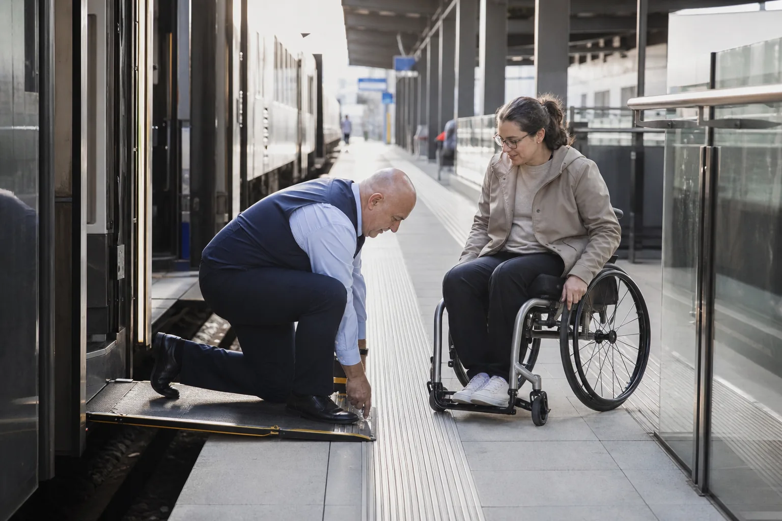 A traveller using accessible assistance in a transport terminal