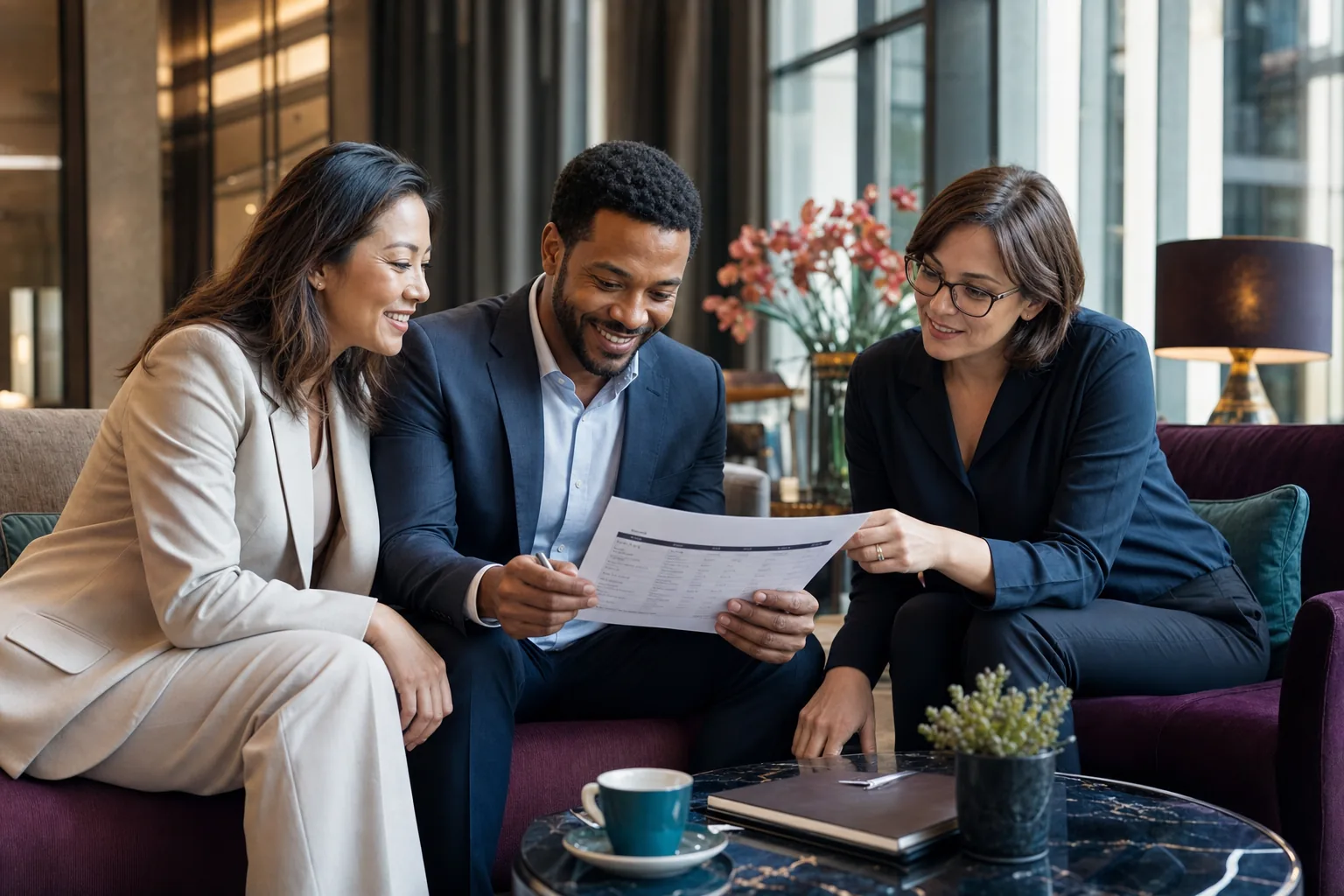 Business travellers reviewing an itinerary in a modern hotel lounge